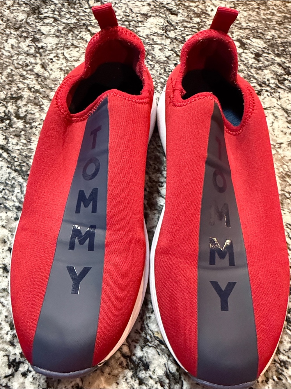 Tommy Hilfiger Red Slip-On Sneakers with Navy Logo Stripe